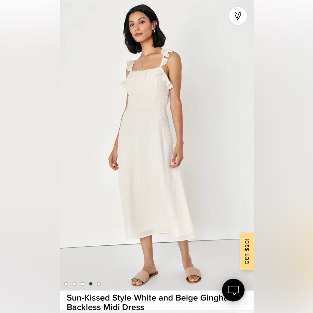 Lulus Sun-Kissed Style White and Beige Gingham Backless Midi Dress, size large